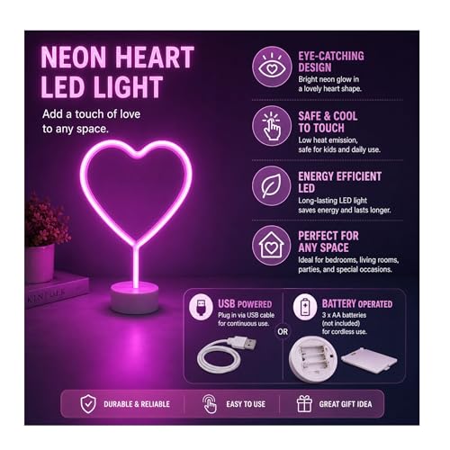 HUMAIZAR Neon Heart Light | Romantic Valentine & Festive Christmas Gift | USB & Battery LED Light for Home Décor| Kids Room Wall Decor | Soft Night Lamp for Boys & Girls (Pink Color) - Image 3