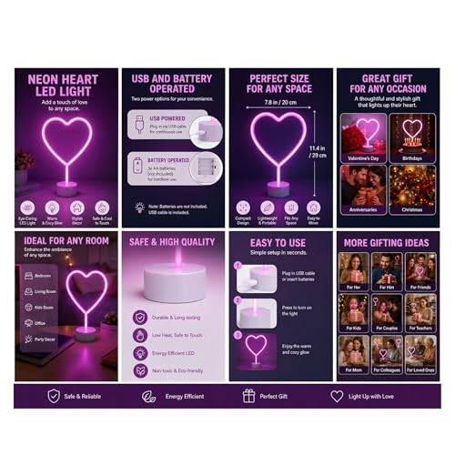 HUMAIZAR Neon Heart Light | Romantic Valentine & Festive Christmas Gift | USB & Battery LED Light for Home Décor| Kids Room Wall Decor | Soft Night Lamp for Boys & Girls (Pink Color) - Image 4