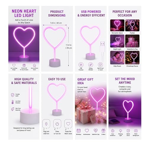 HUMAIZAR Neon Heart Light | Romantic Valentine & Festive Christmas Gift | USB & Battery LED Light for Home Décor| Kids Room Wall Decor | Soft Night Lamp for Boys & Girls (Pink Color) - Image 2
