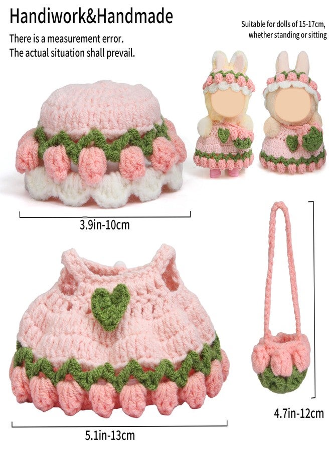 Voccim Handmade Crochet 17cm Doll Clothes - 3PCS Doll Outfites Include Hats and Bag, Cute Dolls Clothing Adorable Dress Up 15cm/17cm Dolls Accessories for Gift (Pink) - Image 3