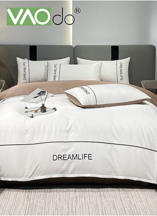 VAOdo - 4PCS Silk Comforter Set Soft and Good for Sleep AB Surface with Simple and Atmospheric Embroidery Universal for All Seasons Bedding Duvet Covers Set 220*240CM White - Image 1