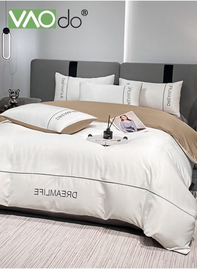 VAOdo - 4PCS Silk Comforter Set Soft and Good for Sleep AB Surface with Simple and Atmospheric Embroidery Universal for All Seasons Bedding Duvet Covers Set 220*240CM White - Image 1