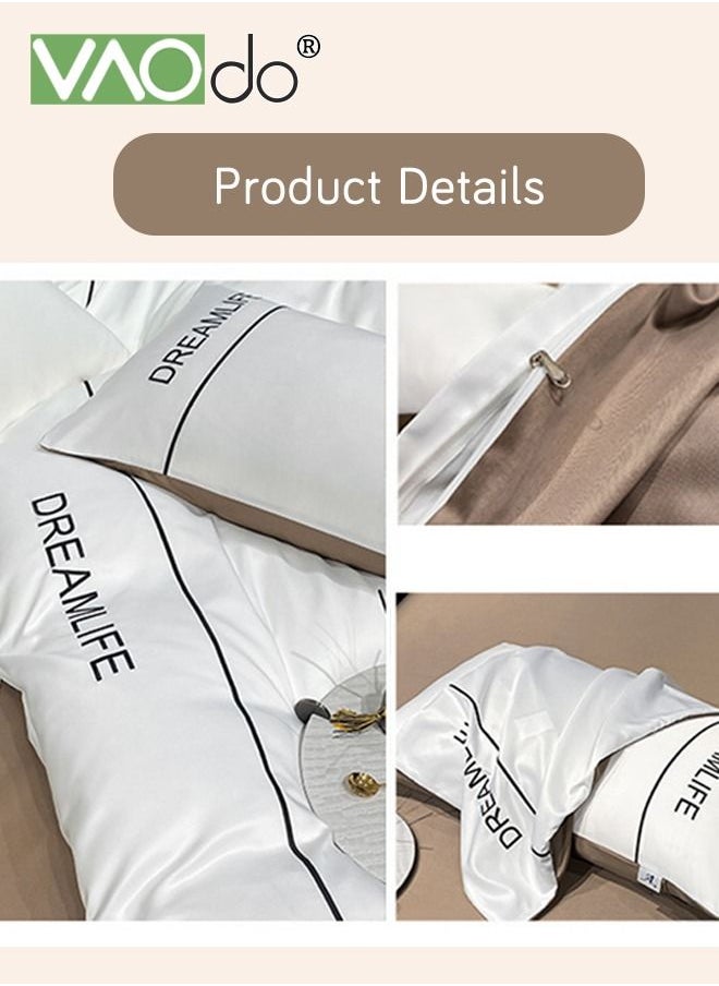 VAOdo - 4PCS Silk Comforter Set Soft and Good for Sleep AB Surface with Simple and Atmospheric Embroidery Universal for All Seasons Bedding Duvet Covers Set 220*240CM White - Image 1