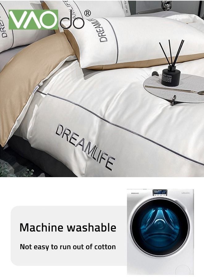 VAOdo - 4PCS Silk Comforter Set Soft and Good for Sleep AB Surface with Simple and Atmospheric Embroidery Universal for All Seasons Bedding Duvet Covers Set 220*240CM White - Image 1