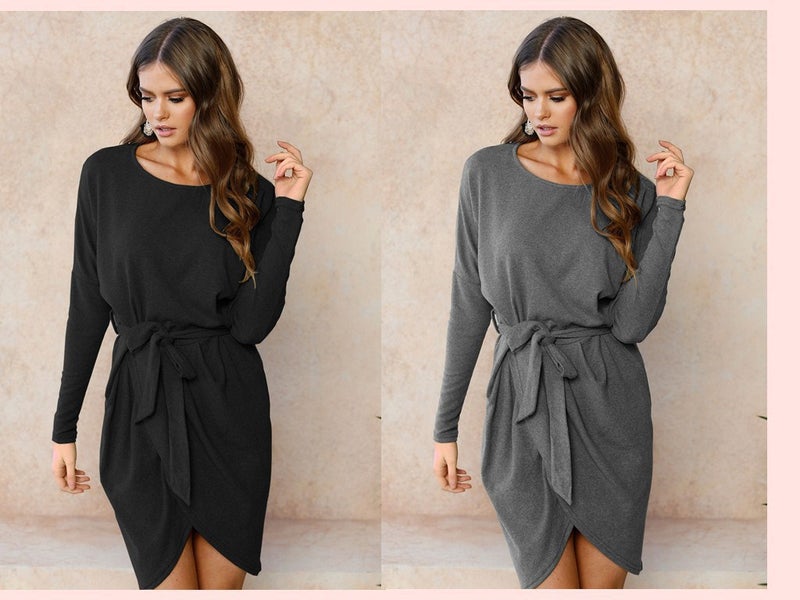 ebay wish hot-selling cross-border popular European station round neck loose long sleeve irregular dress gray L - Image 3