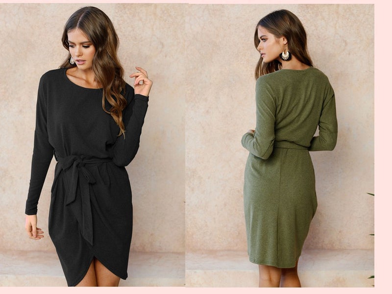 ebay wish hot-selling cross-border popular European station round neck loose long sleeve irregular dress gray L - Image 5