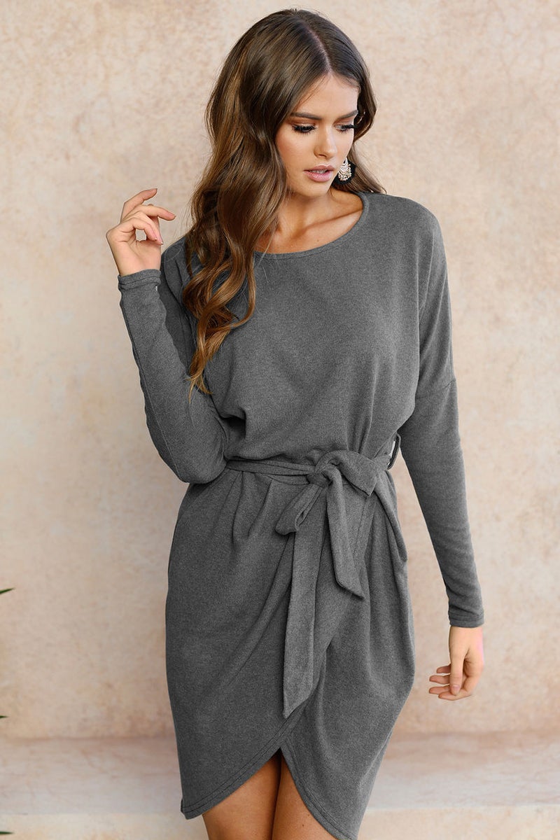 ebay wish hot-selling cross-border popular European station round neck loose long sleeve irregular dress gray L - Image 1