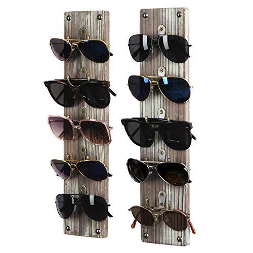 J JACKCUBE DESIGN J JACKCUBE DESIGN Rustic Wood Wall Mounted Sunglasses Storage Organizer 10 Eyeglasses Holder Display Rack Set of 2 with 5 Metal Hooks on Each Holder MK691A 