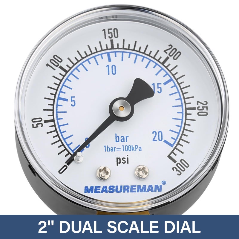 MEASUREMAN Air Over Water Test Kit, 2â€ Dial, 0-300 PSI, 1/4â€ NPT Top Mount with 3/4â€ Female Hose Connection for Leak Detection and Pressure Testing - Image 2