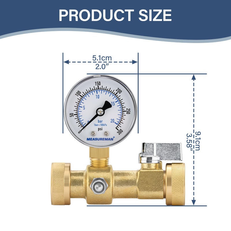 MEASUREMAN Air Over Water Test Kit, 2â€ Dial, 0-300 PSI, 1/4â€ NPT Top Mount with 3/4â€ Female Hose Connection for Leak Detection and Pressure Testing - Image 5