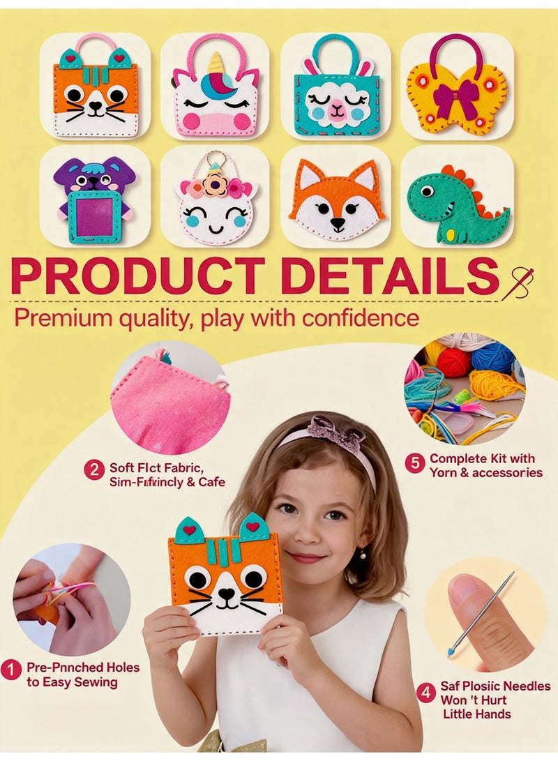 joudiplay Children DIY Felt Purse Sewing Kit – Pre-Cut Felt Handbag Craft Set with Safe Plastic Needles, No Sewing Machine Needed, Creative Travel & Home Activity Gift for Girls Ages 5-12, Multicolor - Image 1