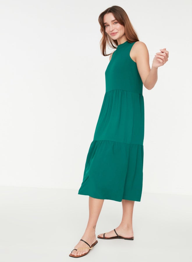 trendyol Emerald Green Shift/Straight Cut Stand Collar Midi Woven Dress - Image 3