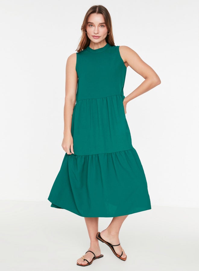 trendyol Emerald Green Shift/Straight Cut Stand Collar Midi Woven Dress - Image 2