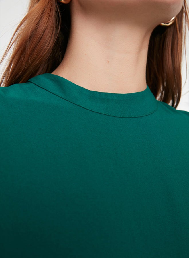 trendyol Emerald Green Shift/Straight Cut Stand Collar Midi Woven Dress - Image 4