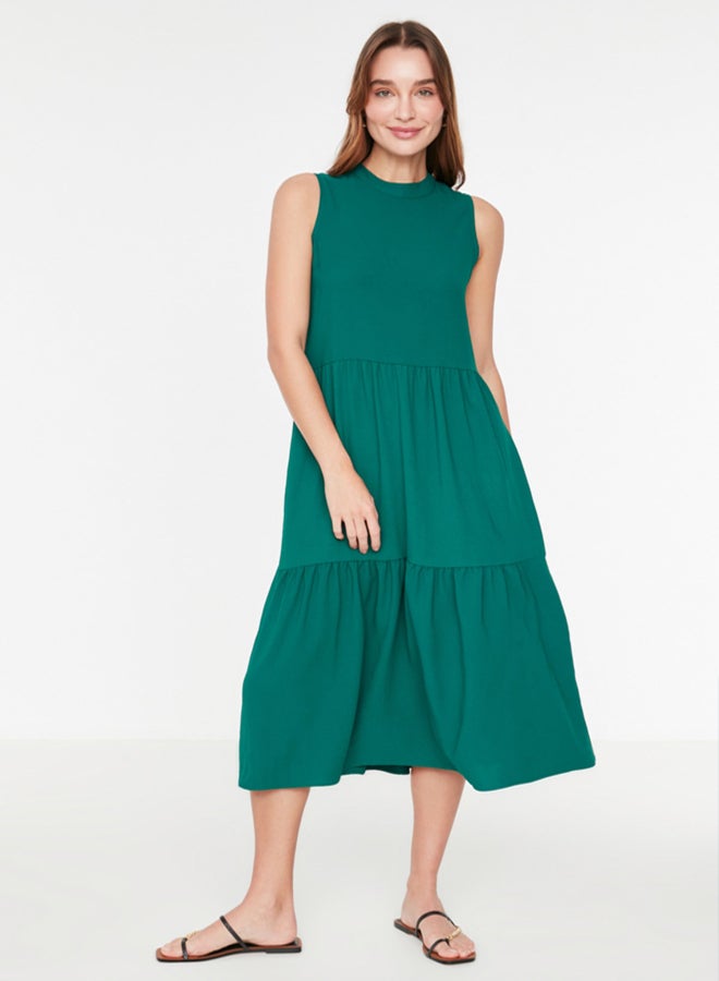 trendyol Emerald Green Shift/Straight Cut Stand Collar Midi Woven Dress - Image 1