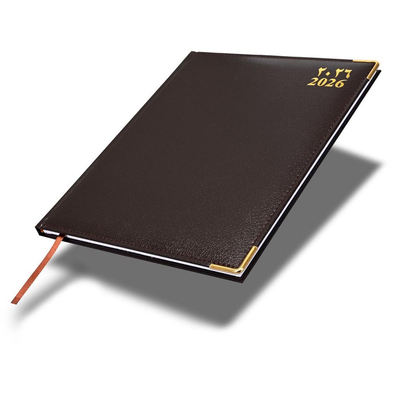 FIS 2026 Executive Diary, 210x260mm, 1 Side Padded Sewn Vinyl Cover, Golden Corners, 1 Week at a Glance, Arabic/English/French, 70gsm White Paper, Chocolate Cover-FSDI35AE26CH - Image 1
