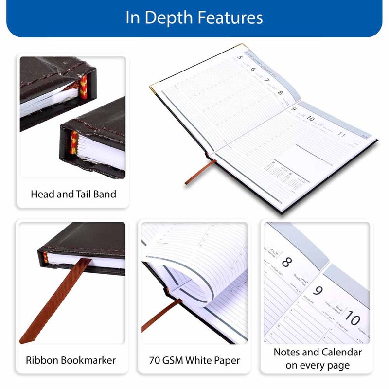 FIS 2026 Executive Diary, 210x260mm, 1 Side Padded Sewn Vinyl Cover, Golden Corners, 1 Week at a Glance, Arabic/English/French, 70gsm White Paper, Chocolate Cover-FSDI35AE26CH - Image 5