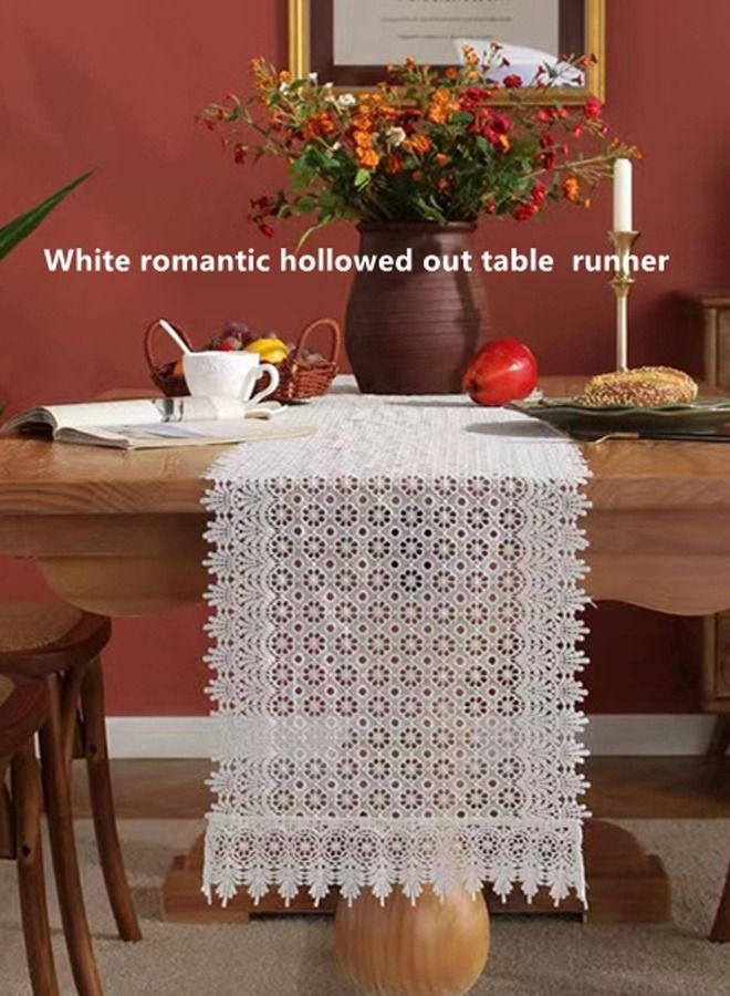 Kutis 1-Piece Romantic White Flower Shape Hollowed Out Lace Tablecloth/ Table Runner Polyester Fiber White 32 x 180 Centimeter  - Image 1