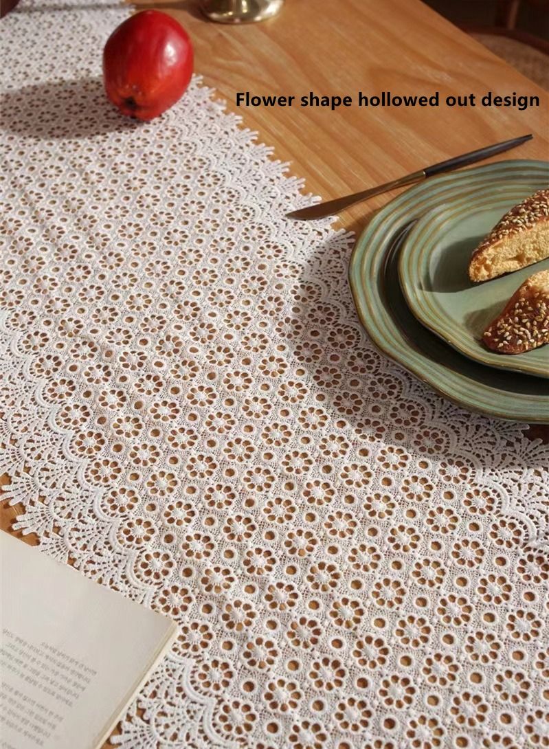 Kutis 1-Piece Romantic White Flower Shape Hollowed Out Lace Tablecloth/ Table Runner Polyester Fiber White 32 x 180 Centimeter  - Image 2