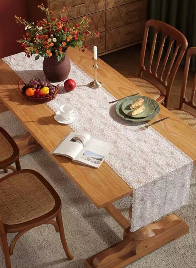 Kutis 1-Piece Romantic White Flower Shape Hollowed Out Lace Tablecloth/ Table Runner Polyester Fiber White 32 x 180 Centimeter  - Image 3