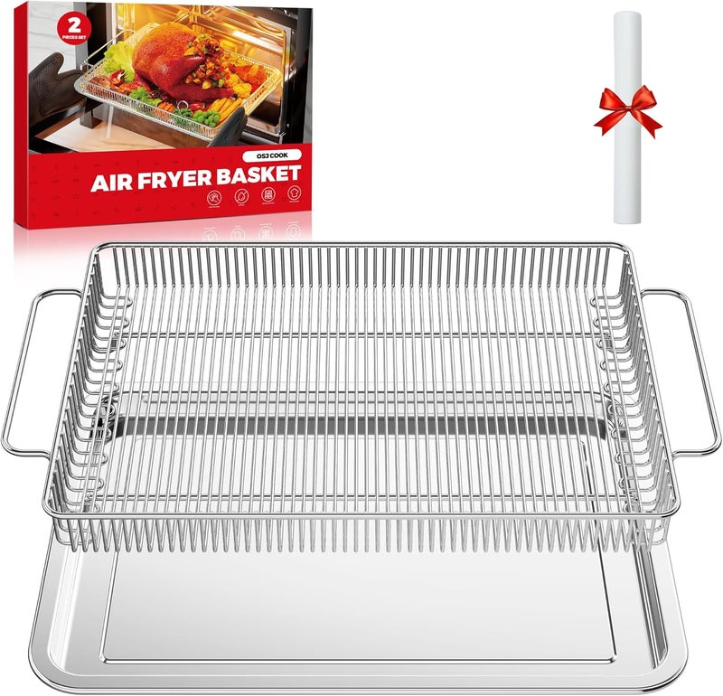 OSJ COOK Air Fryer Basket for Oven, Air Fryer Basket and Stainless Steel Baking Tray Pant Oven Air Fryer Pan Rack for Cooking Baking Dishwasher and Broiling (15.9 in * 9.8 in &14.9 in * 11 in) - Image 1