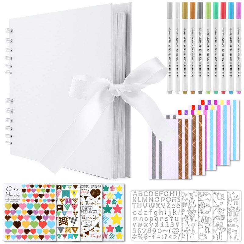 GOTIDEAL Gotideal 80 Pages Scrapbook Album with 10 Metallic Markers Craft Paper Photo Album for Wedding and Anniversary Family DIY Scrapbook Accessories with Scrapbooking Stickers CornersWhite 