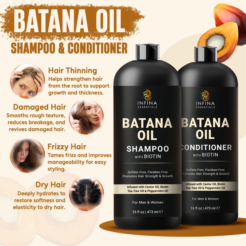 INFINA ESSENTIALS Batana Oil Shampoo and Conditioner Set | 16 fl oz Each | with Biotin & Tea Tree | Moisturizing, Strengthening & Nourishing Formula | Promotes Hair Growth and Thickness - Image 2