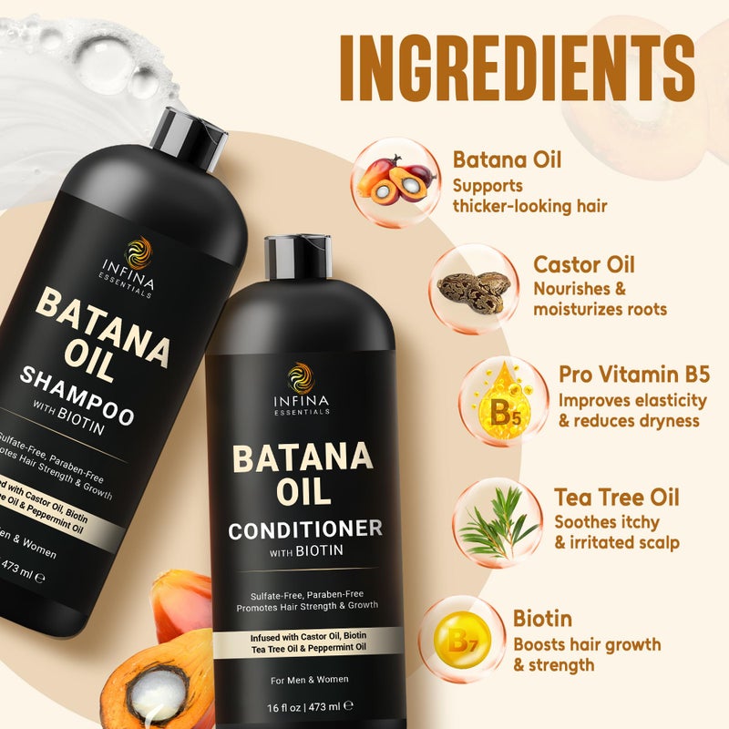 INFINA ESSENTIALS Batana Oil Shampoo and Conditioner Set | 16 fl oz Each | with Biotin & Tea Tree | Moisturizing, Strengthening & Nourishing Formula | Promotes Hair Growth and Thickness - Image 4
