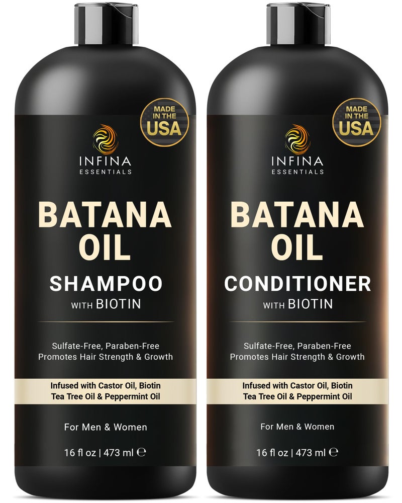 INFINA ESSENTIALS Batana Oil Shampoo and Conditioner Set | 16 fl oz Each | with Biotin & Tea Tree | Moisturizing, Strengthening & Nourishing Formula | Promotes Hair Growth and Thickness - Image 1