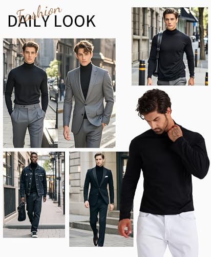 LONGBIDA Men Slim Fit Lightweight Long Sleeve Pullover Top Turtleneck T-Shirt(Black,L) - Image 2