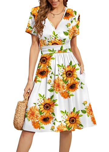 WEACZZY Summer Dress for Women Casual Short Sleeve Sundress Wrap V-Neck Party Dress with Pockets,Floral Sunflower White,M - Image 5