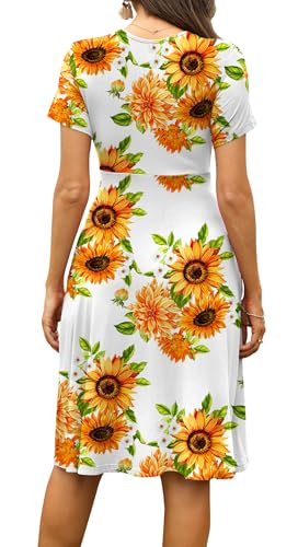 WEACZZY Summer Dress for Women Casual Short Sleeve Sundress Wrap V-Neck Party Dress with Pockets,Floral Sunflower White,M - Image 3