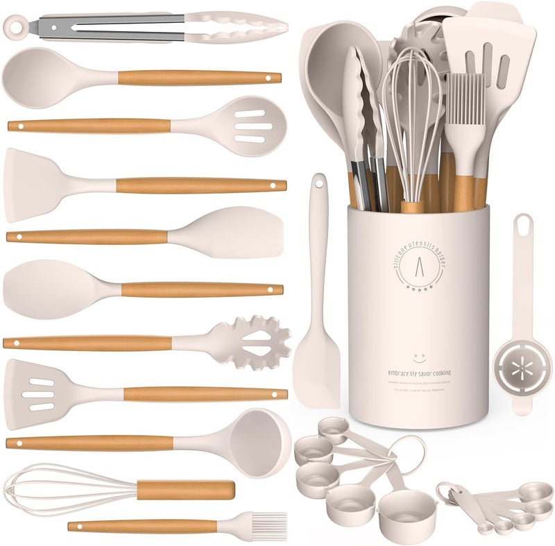 AVGPD Silicone Cooking Utensils Set - Silicone Kitchen Utensils for Cooking Wooden Handles, 446°F Heat Resistant Kitchen Utensil Spatula Sets w Holder, Gadgets for Non-Stick Cookware BPA FREE (Khaki) - Image 1