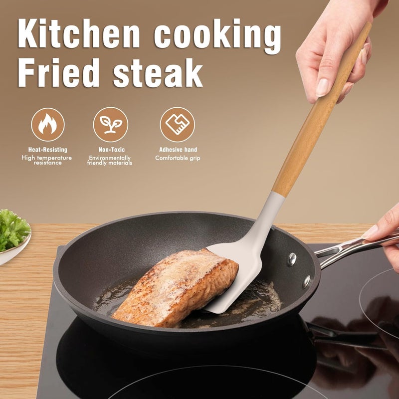 AVGPD Silicone Cooking Utensils Set - Silicone Kitchen Utensils for Cooking Wooden Handles, 446°F Heat Resistant Kitchen Utensil Spatula Sets w Holder, Gadgets for Non-Stick Cookware BPA FREE (Khaki) - Image 2