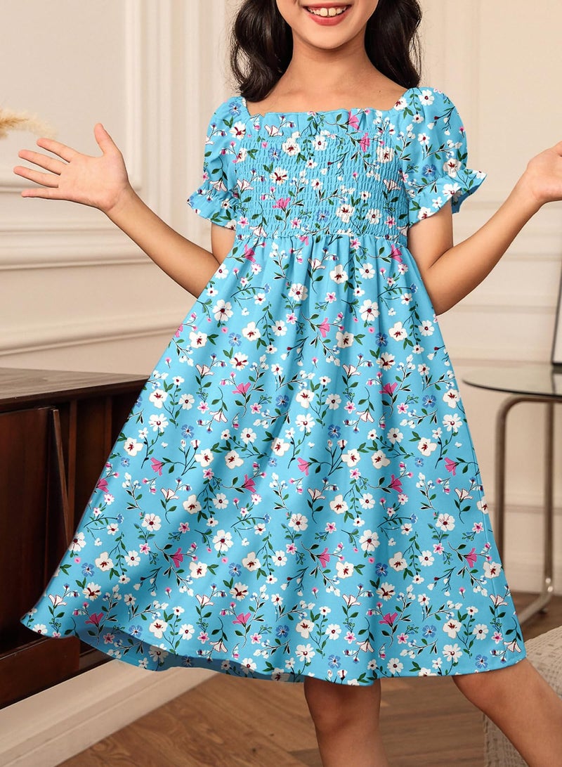 blibean Girls Summer Dresses Tween Kids Boho Clothes Floral Dress Toddler Outfits Short Sleeve Ruffled Clothing Vestidos NiÃ±as Size 6-7 Years Medium Blue Flower - Image 5
