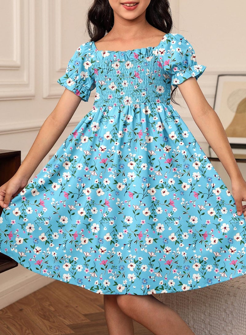 blibean Girls Summer Dresses Tween Kids Boho Clothes Floral Dress Toddler Outfits Short Sleeve Ruffled Clothing Vestidos NiÃ±as Size 6-7 Years Medium Blue Flower - Image 2