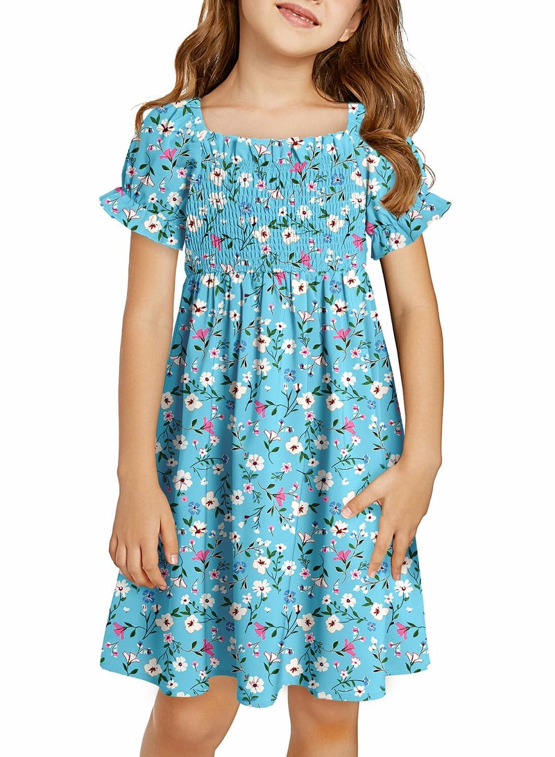 blibean Girls Summer Dresses Tween Kids Boho Clothes Floral Dress Toddler Outfits Short Sleeve Ruffled Clothing Vestidos NiÃ±as Size 6-7 Years Medium Blue Flower - Image 1