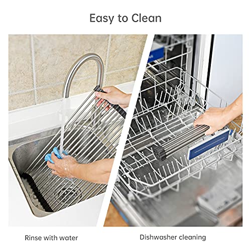 ARAINY Large Telescopic Drain Rack Roll Up Rack Heat-Resistant Dish Drainer Kitchen Sink Rack Over the Sink Dish Drying Rack Stainless Steel Dish Rack (18 Tube 21.25''x12.79'') - Image 4