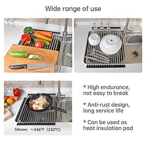 ARAINY Large Telescopic Drain Rack Roll Up Rack Heat-Resistant Dish Drainer Kitchen Sink Rack Over the Sink Dish Drying Rack Stainless Steel Dish Rack (18 Tube 21.25''x12.79'') - Image 5
