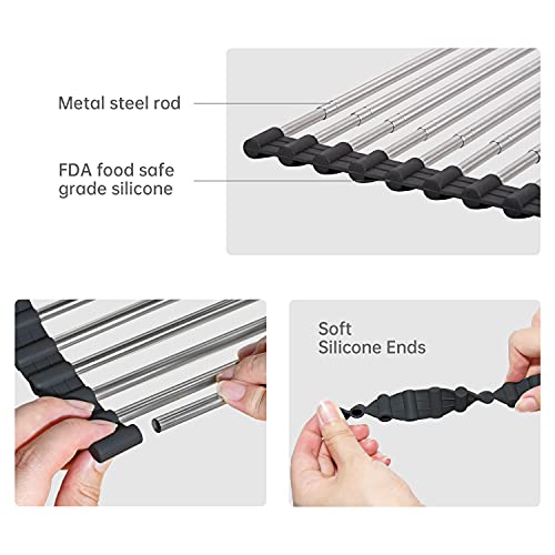 ARAINY Large Telescopic Drain Rack Roll Up Rack Heat-Resistant Dish Drainer Kitchen Sink Rack Over the Sink Dish Drying Rack Stainless Steel Dish Rack (18 Tube 21.25''x12.79'') - Image 2