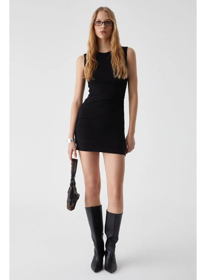 GRIMELANGE DRUID Women's Bike-Neck Slim Mini Sleeveless Black Dress.