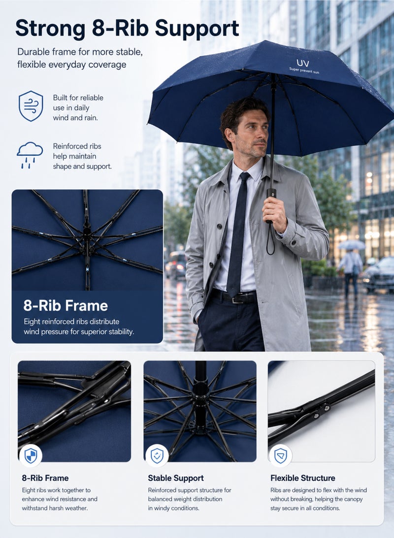 umbrella UPF 50+ UV Protection Umbrella, Automatic Open Close Compact Folding Travel Umbrella, 8-Rib Wind-Resistant Rain & Sun Umbrella, 97 cm, Navy Blue - Image 5