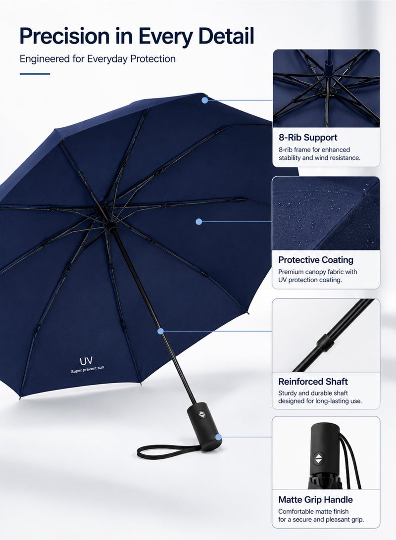 umbrella UPF 50+ UV Protection Umbrella, Automatic Open Close Compact Folding Travel Umbrella, 8-Rib Wind-Resistant Rain & Sun Umbrella, 97 cm, Navy Blue - Image 3