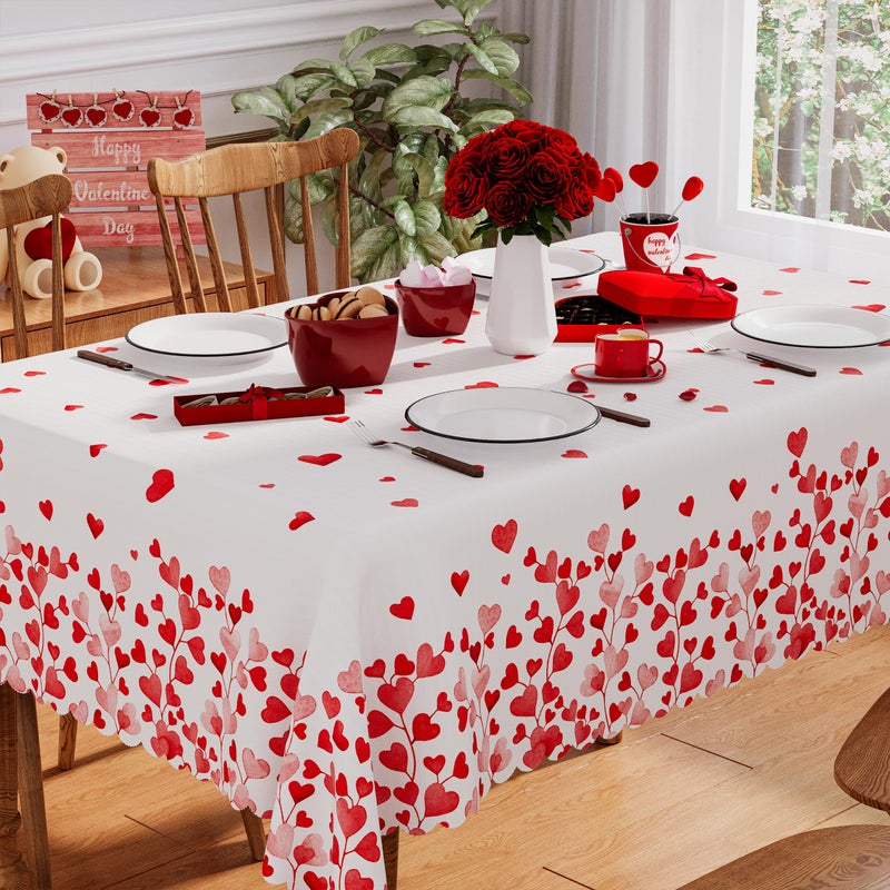 Siilues Valentines Tablecloth Rectangle 60x84 Inch, Washable Red Pink Love Heart Valentines Day Tablecloth Waterproof Scalloped Edge Dining Table Cloth Sweet Home Party Decorations - Image 1