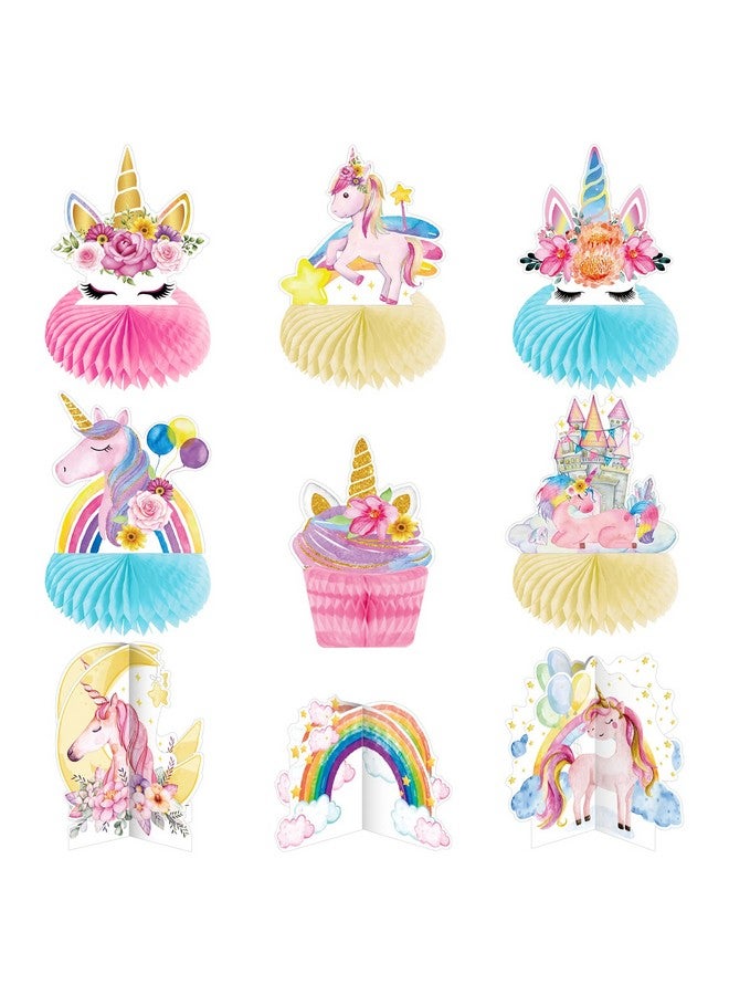 Qpout 9 Pieces Unicorn Party Table Decorations Unicorn Honeycomb Centerpieces For Kids Girls Table Decorations Rainbow Castle Unicorn Paper Table Topper Unicorn Theme Birthday Table Decorations - Image 1