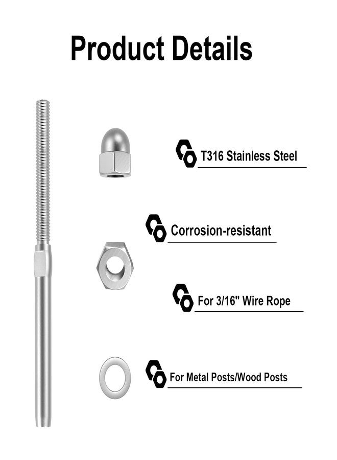 Blika Cable Railing End Fitting Terminal, Stud End Fitting, Right Hand Swage for 3/16" Cable Deck Railing,Hand Rail T316 Stainless Steel Marine Grade 10 Pack - Image 3