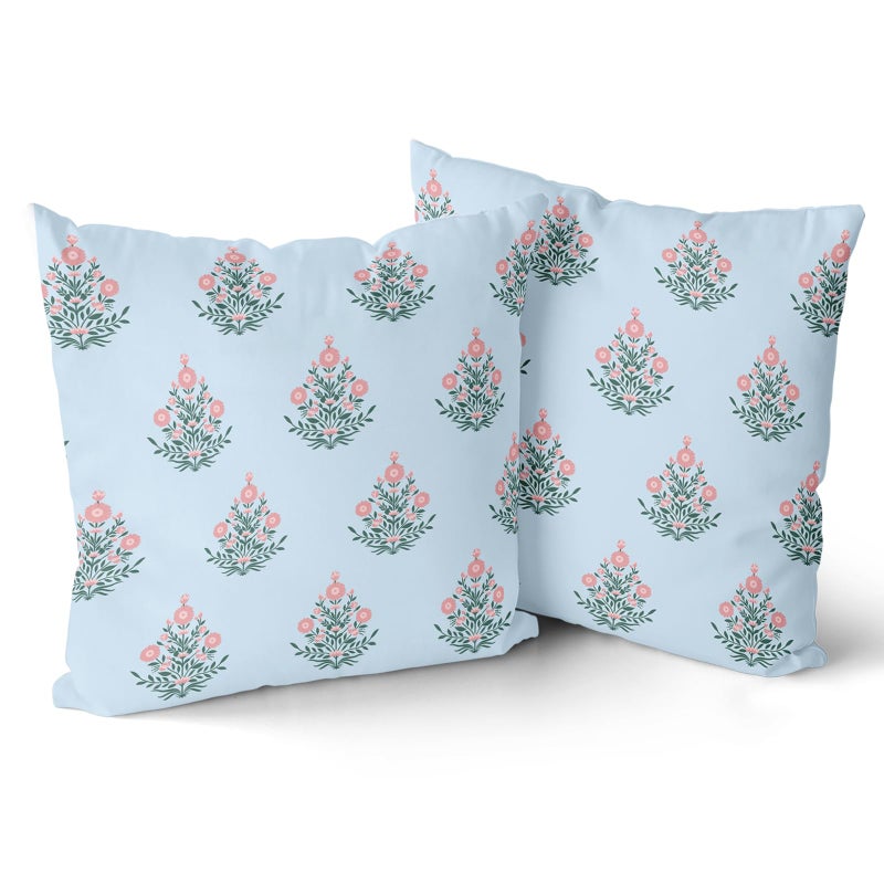 Giwawa Baby Blue Pink Floral Pillow Covers 18x18 Inch Set of 2 Pink Green Flower Leaves Print Decorative Throw Pillow Cases Coastal Patio Farmhouse Decoration for Sofa Couch Bed - Image 1