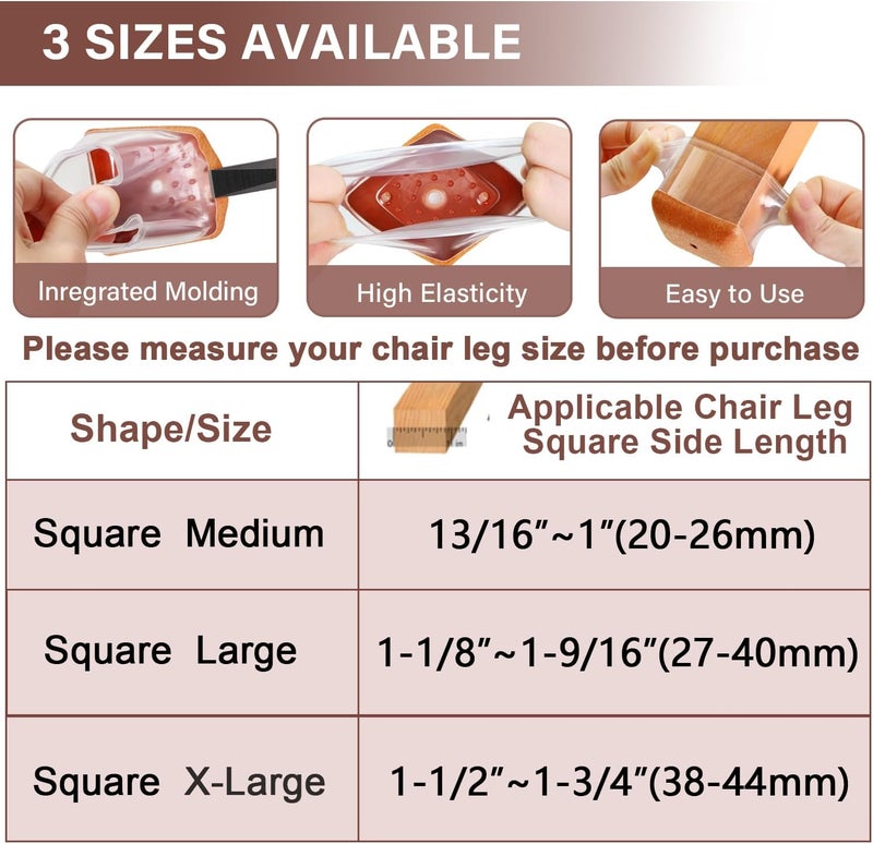 YOZON Chair Leg Floor Protectors Chair Leg Protectors for Hardwood Floors Silicone Caps Felt Strengthen Bottom Protection Anti-Scratch Reduce Noise 32 Pack Clear Square XL Fit:1-1/2" to 1-3/4" (38-44mm) - Image 4