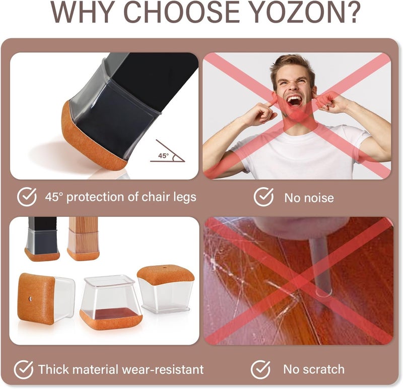 YOZON Chair Leg Floor Protectors Chair Leg Protectors for Hardwood Floors Silicone Caps Felt Strengthen Bottom Protection Anti-Scratch Reduce Noise 32 Pack Clear Square XL Fit:1-1/2" to 1-3/4" (38-44mm) - Image 5