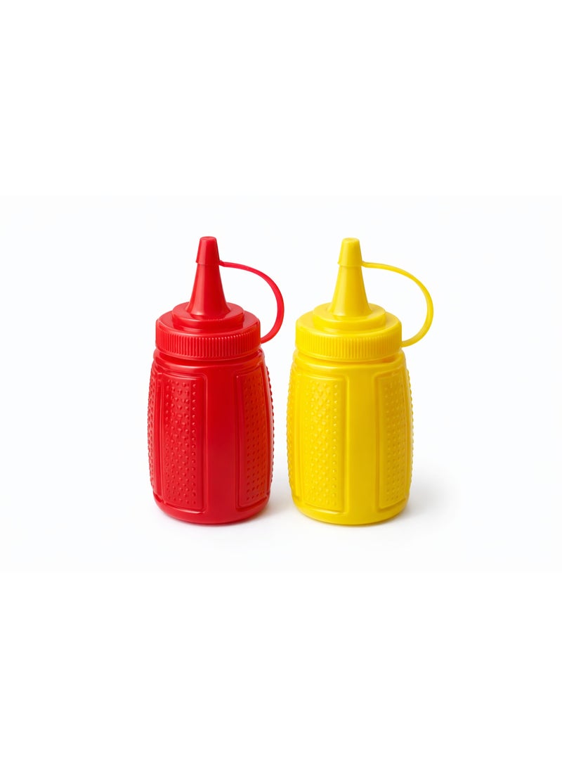 2-Piece Plastic Condiment Squeeze Bottle Dispenser Set for Ketchup and Mustard with Attached Cap - Red and Yellow - Image 1